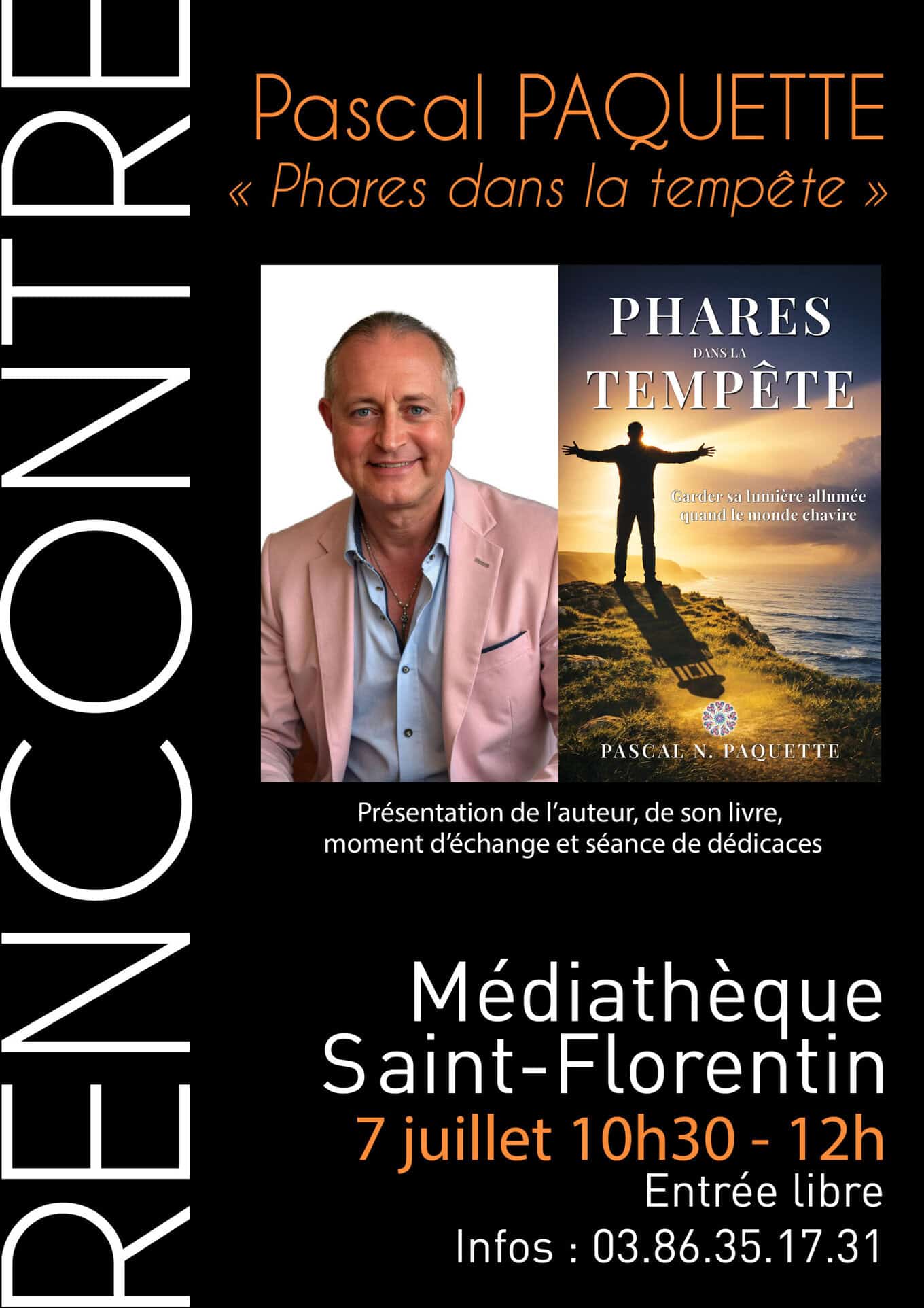 Affiche de la rencontre avec l'auteur Pascal N. Paquette pour Phares dans la Tempête à la Médiathèque de Saint-Florentin, le 7 juillet 2026